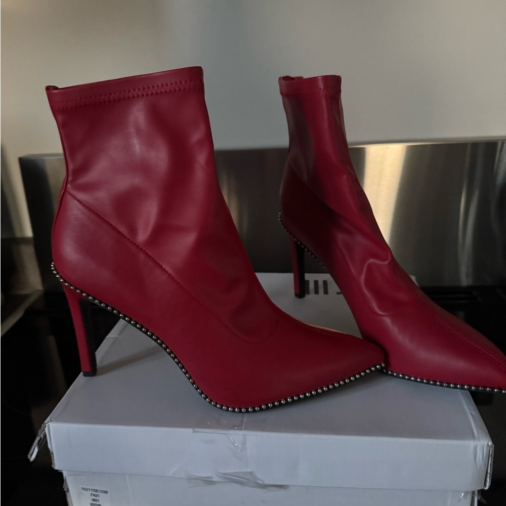 Elegant Red Heeled Boots with Studded Trim NEW